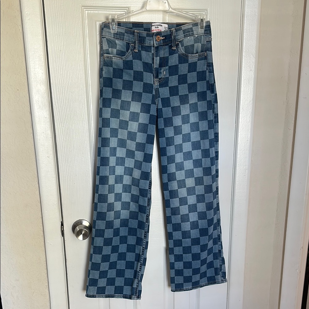 Abercrombie Kids Checkered High Rise Wide Leg Jeans